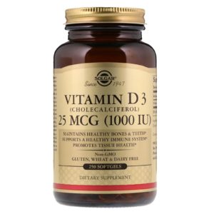 Vitamin D3 (Cholecalciferol), 25 mcg (1,000 IU), 250 Softgels (Solgar)