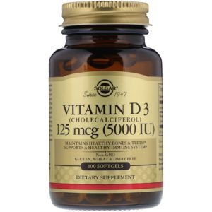 Vitamin D3 (Cholecalciferol), 125 mcg (5,000 IU), 100 Softgels (Solgar)